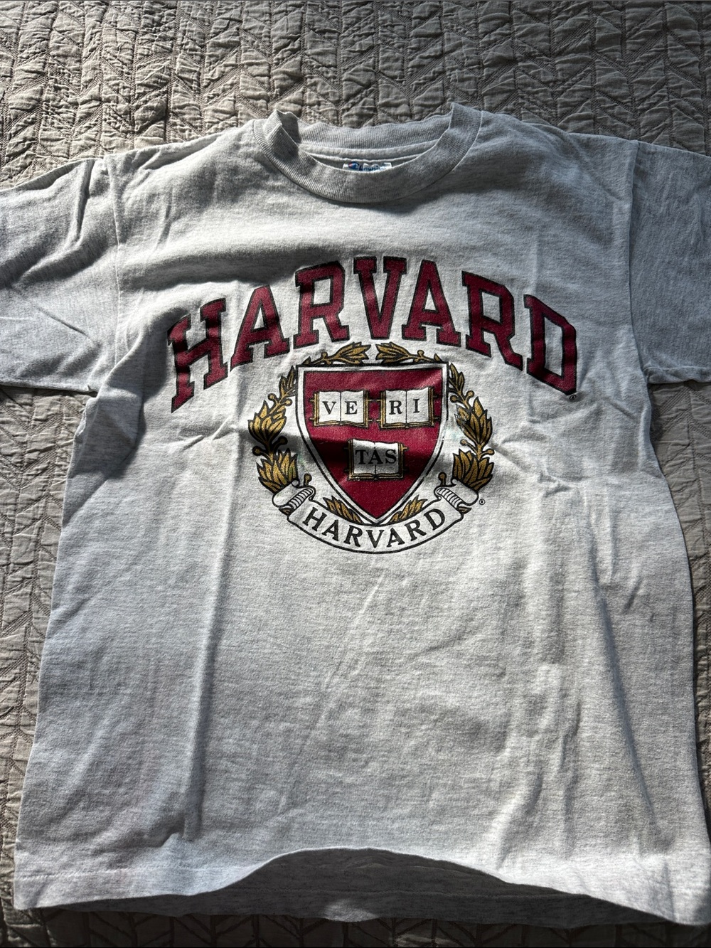 Champion Gray Harvard Crest Short-Sleeve Tee with Maroon and Gold Shield